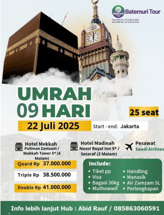 Paket Umrah Reguler, Btt - Asa Tour, Plus Kereta Cepat , Bintang 5, 9 Hari / 7 Mlm, Keberangkatan 22 Juli 2025                           katan 22 Juli  2025
